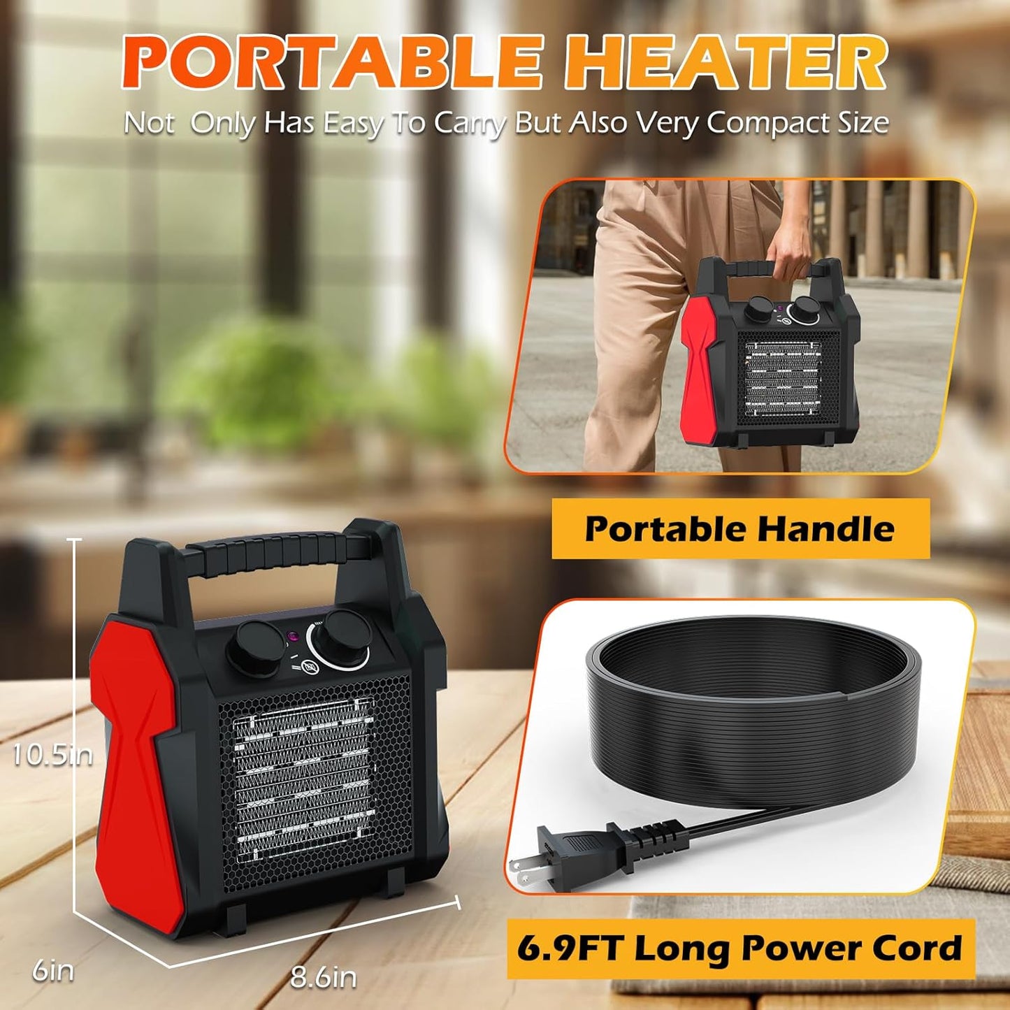 1500W PTC Electric Space Heater with Overheat & Tip-Over Protection, Portable Indoor Outdoor Heater with 3 Modes, Small Fan, Quiet for Bedroom, Garage, Patio