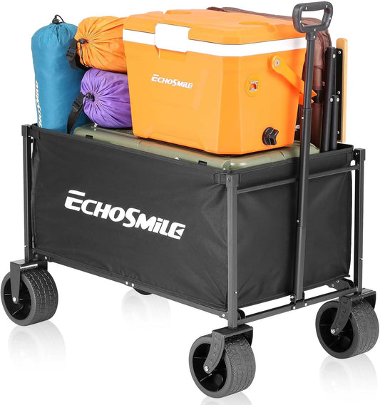 EchoSmile Collapsible Folding Wagon Cart with All-Terrain Wide Wheels, Heavy Duty Garden Cart with 350lbs Capacity,Portable Lightweight Rolling Wagon Cart for Camping Beach Sports Shopping,Black