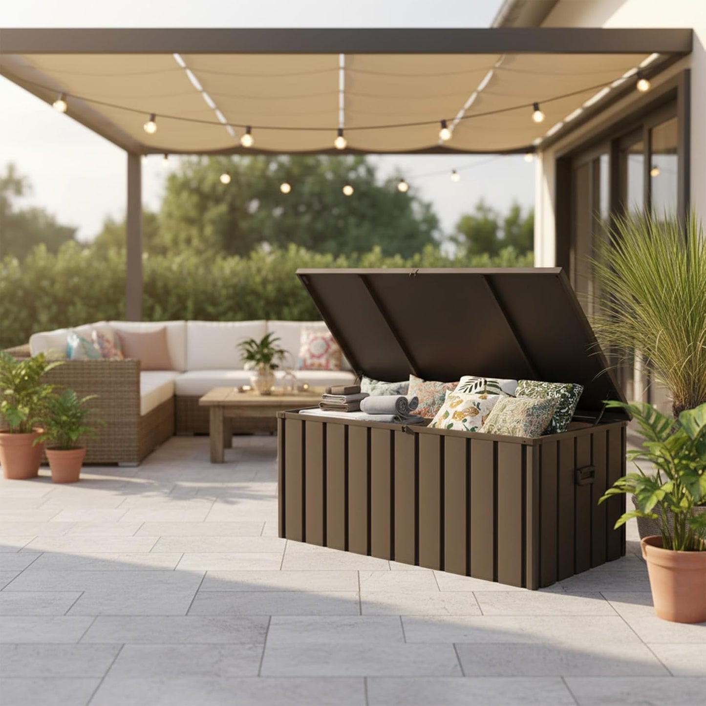 PURPLE LEAF Outdoor Deck Box 150 Gallon Waterproof Lockable Storage Box Container with Lid Deck Organization for Patio Cushions Side Table Pool Accessories Garden Tools, Brown