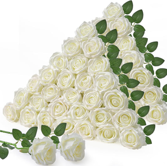 Serwalin 50pcs Artificial White Roses, 4'' Velvet Flower Head Fake Roses Bulk, Real Touch Silk Roses Realistic Bouquet Long Stems Wedding Home Decor and Table Centerpiece