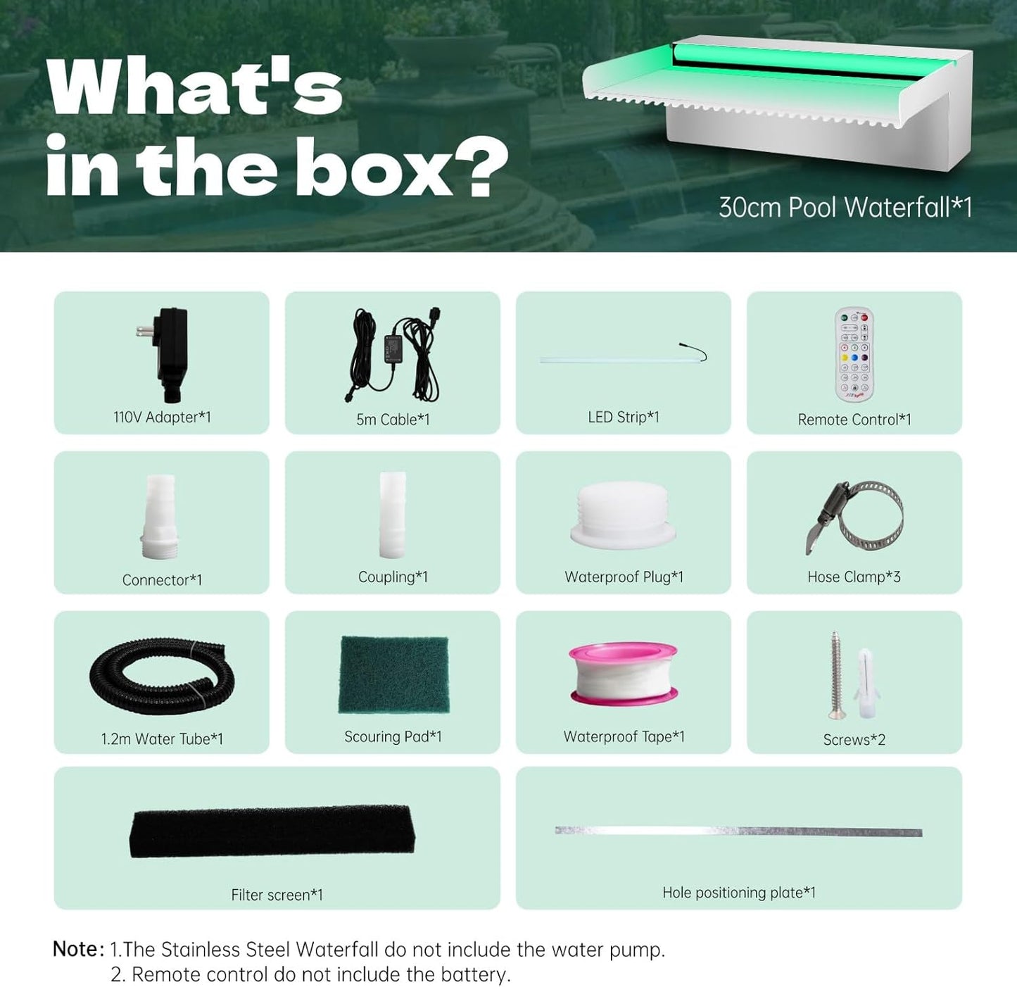 Waterfall Spillway Stainless Steel Pond Waterfalls with Color Changing LED Light, Outdoor Pool Fountain Water Feature Kit for Garden Patio Swimming Pool Koi Ponds Decor-12"x8"x4"