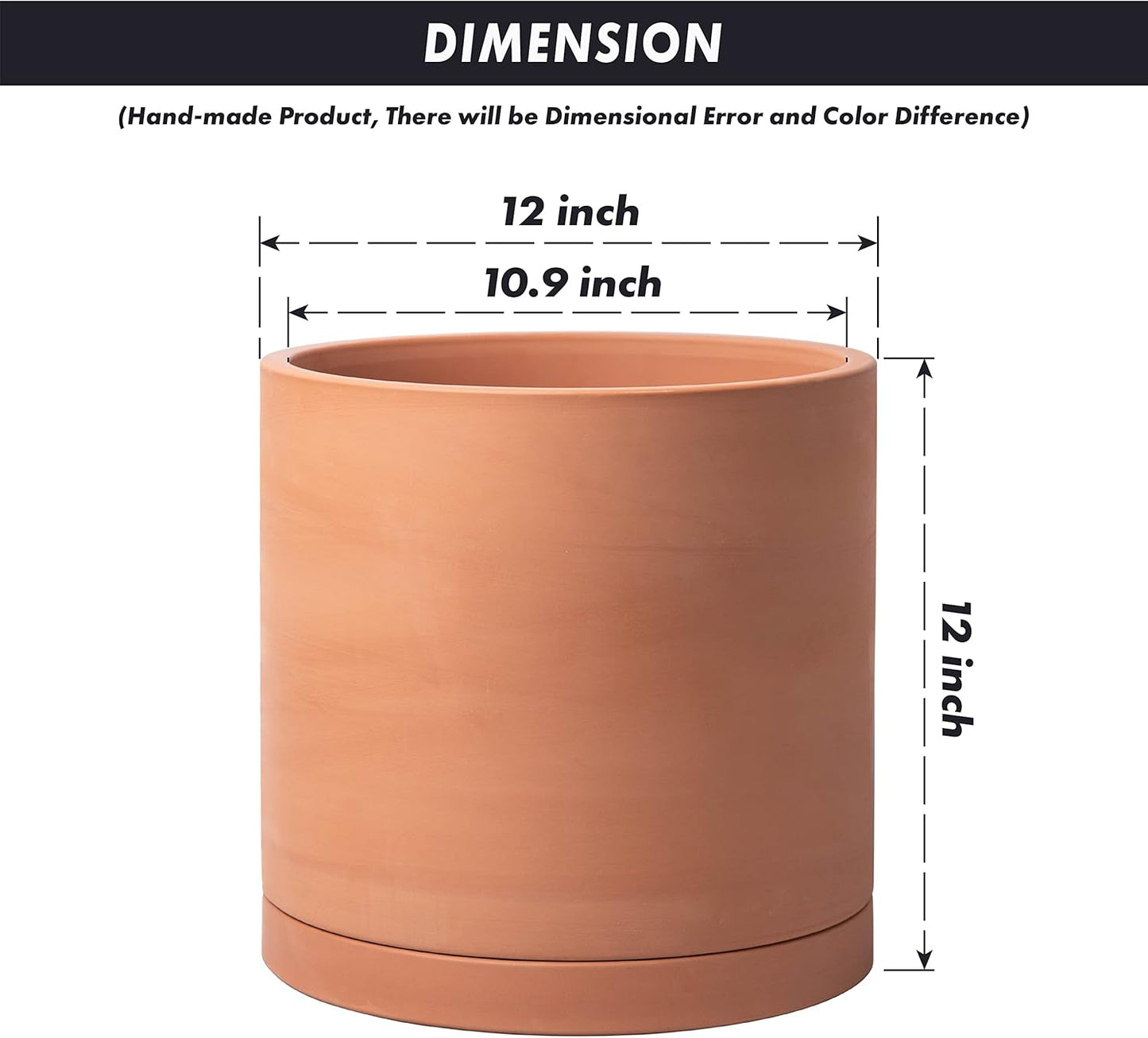 D'vine Dev X-Large 12 Inch Terracotta Plant Pot with Drainage Hole and Saucer, Round Cylinder Planter Pot for Indoor Plants, 40-X-A-6