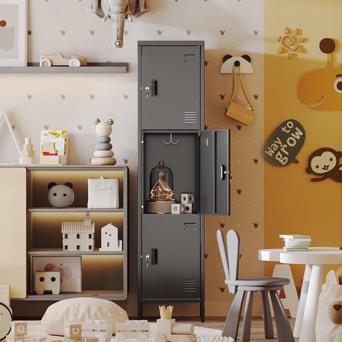 METAN Metal Storage Employees Lockers with 3 Lockable Doors and Hooks,66''H*16''W*16''D Locking Storage Cabinets for Small Spaces,Home,School,Gym,Assembly Required,Black