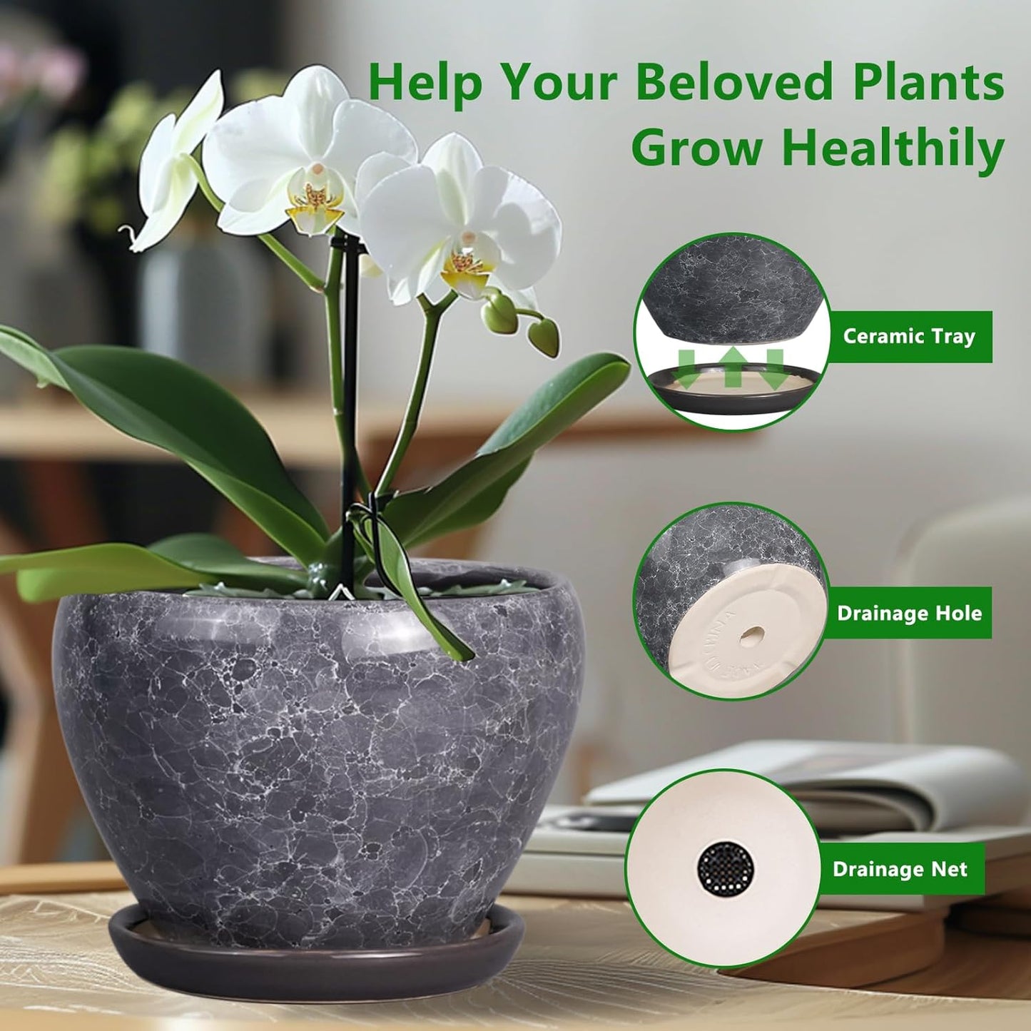 8 Inch Plant Pot - Ceramic Planter Pot with Drainage Hole and Saucer, Glaze Garden Pot Modern Flower Pot for Indoor Plants, Gray