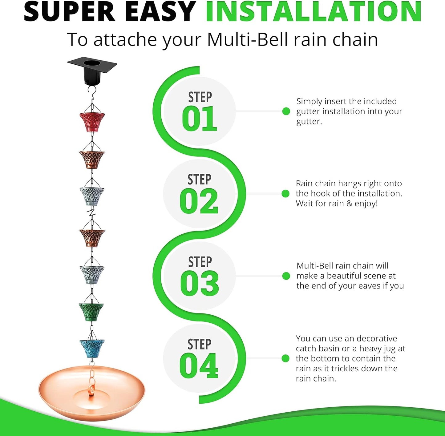 5.8FT Multicolor Iron Rain Chains for Gutter and Rain Barrel, Rust-Resistant Plated Garden Décor Rain Chain for Downspout, Bonus Rain Chain Gutter Adapter