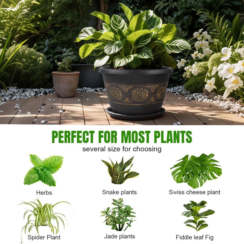 4 Pack 16 inch Plant Pots, Retro Pattern Planters with Drainage Holes and Saucer, Sturdy Plastic Garden Flower Pots for Indoor & Outdoor Plants