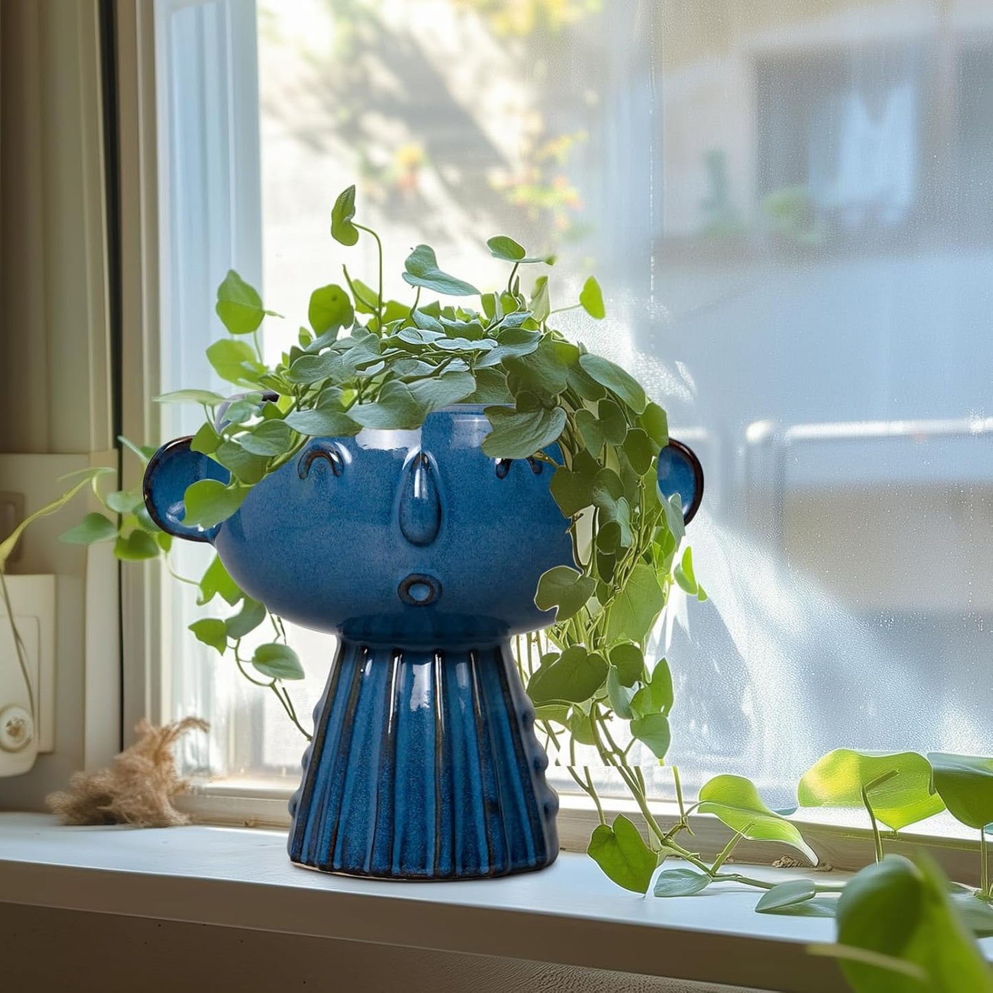 Head Planter Pot - 7 Inch Cute Face Planter for Indoor Outdoor Plants Ceramic Succulent Pot Round Flower Pot Present for Mother Christmas with Drainage Hole Blue