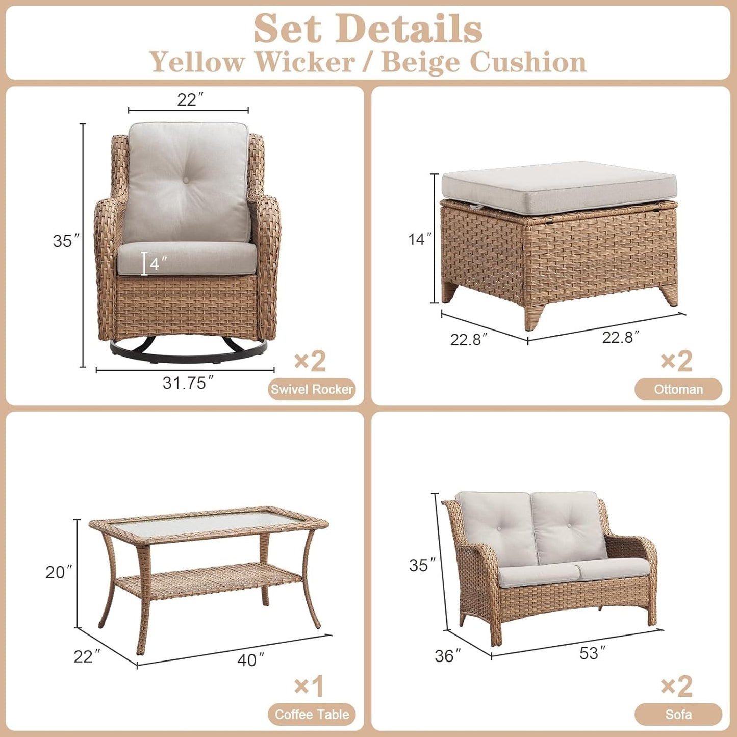 Wicker Outdoor Furniture Patio Furniture Set - 6 Piece Patio Conversation Set with Swivel Rocker Chairs, Loveseat Sofa, Ottomans and Coffee Table, Beige Cushion