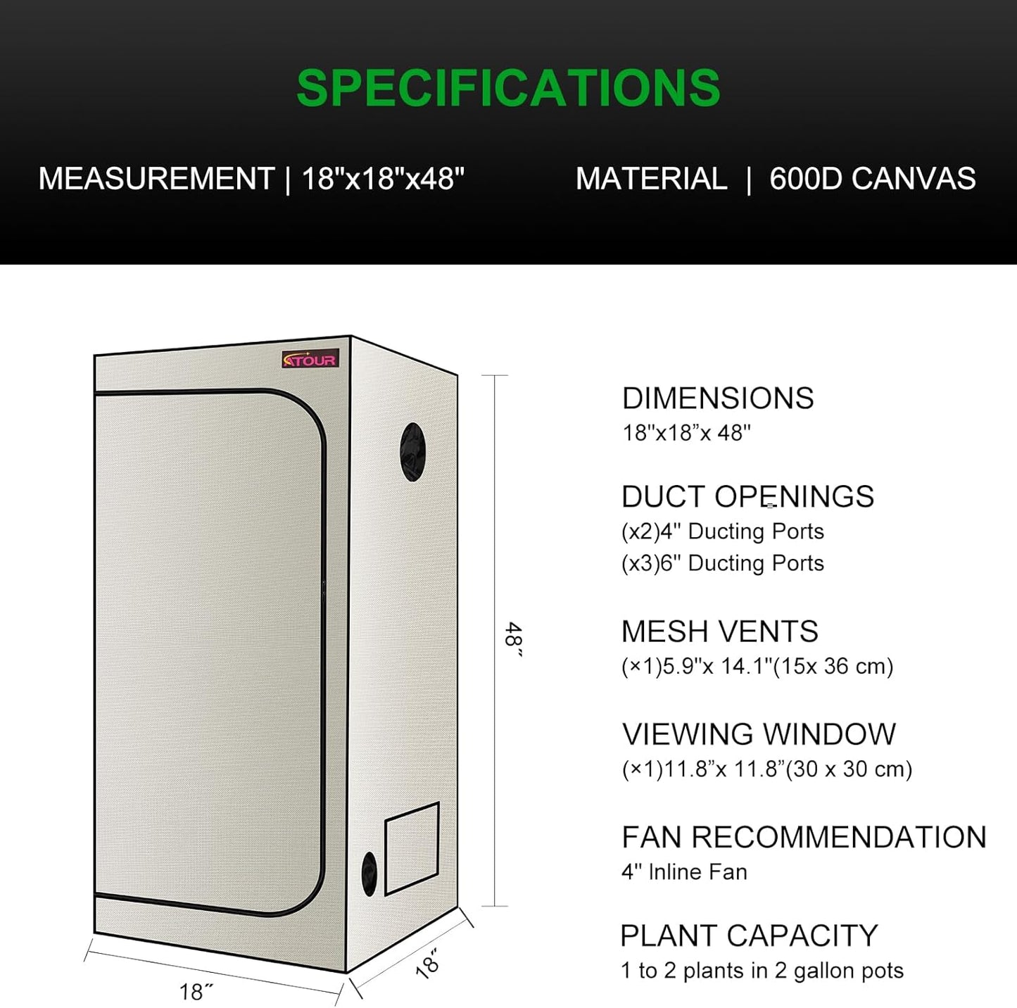 ATOUR 1.5'x1.5' LED Grow Light Specil Tent, 18"x18"x48" High Reflective PE Film Grow Tent, 1680D High Strength Canvas Plant Tent with Observation Window & Floor Tray for Hydroponics Indoor Plant