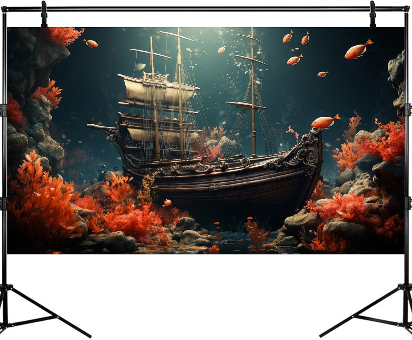 Pirate Shipwreck Aquarium Background Under The Sea Coral Reefs Fish Tank Background Underwater Sunken Ship Landscape Terrarium Background Tropical Sea Marine Life Aquarium Tank Background 72x24in