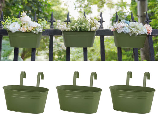Dahey Metal Iron Hanging Flower Pots for Railing Fence Hanging Bucket Pots Countryside Style Outdoor Planter Window Flower Plant Holder with Detachable Hooks Home Decor,Green,3 Pcs
