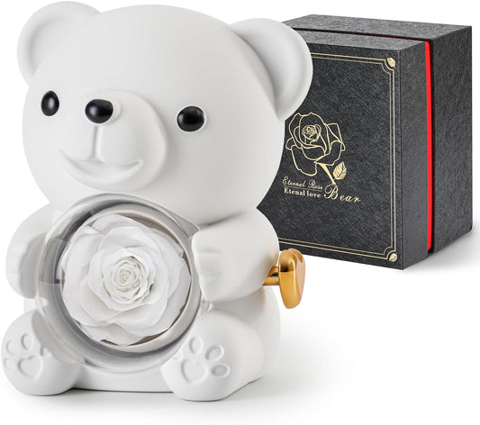 Cute Teddy Bear with Preserved Rose - A Real Rose Flower in Bear with Elegant Gift Box - Romantic Gift for Her in Mother's Day, Weddings, Anniversaries, and Bridal Showers (White)