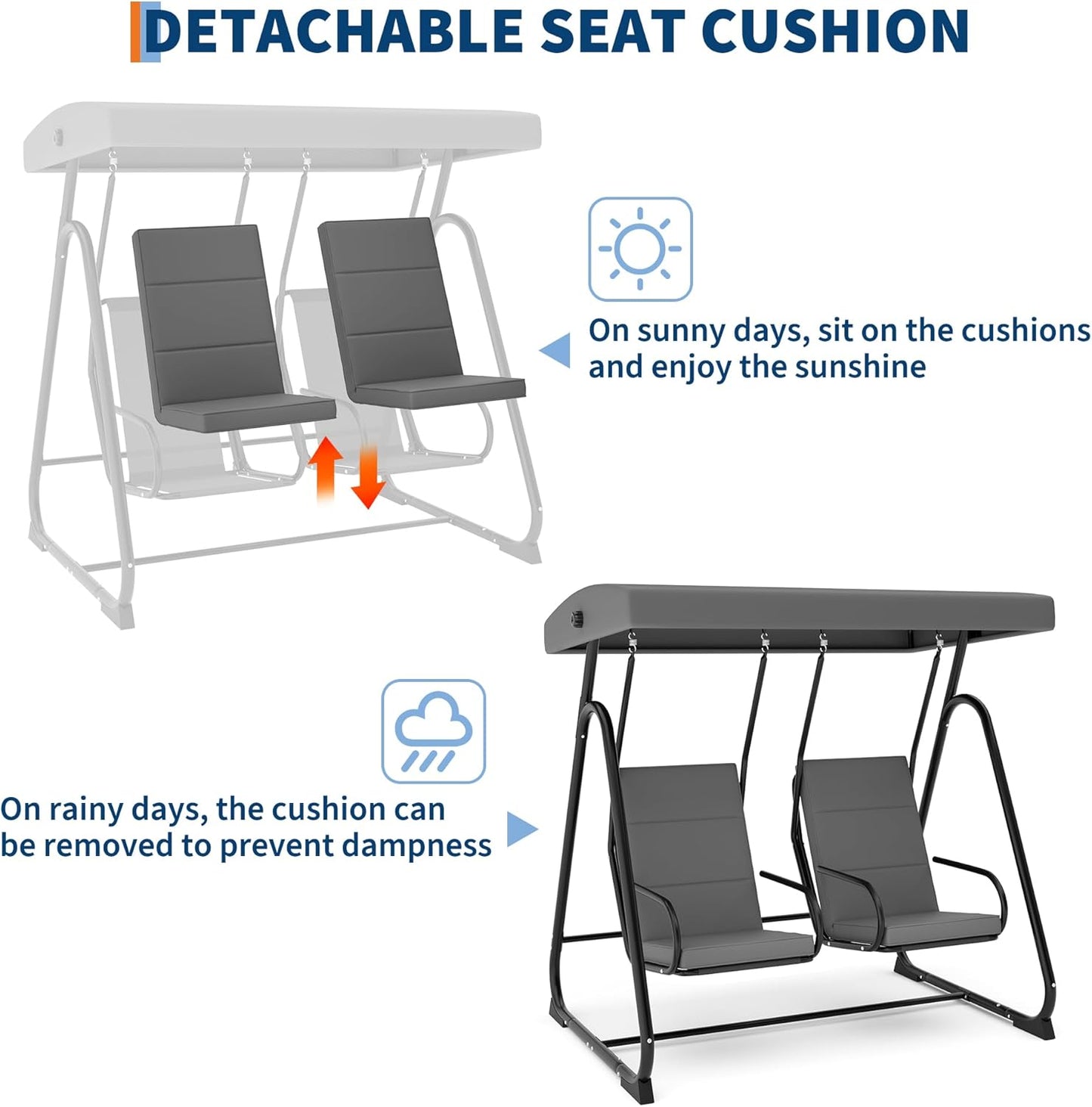 2 Person Outdoor Patio Swing Glider with Adjustable Canopy & Removable Cushions, Heavy-Duty Independent Porch Swing Chairs for Garden, Balcony, Poolside, Backyard – Dark Grey