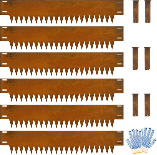 Co rten Steel Landscape Edging 12 Inch Tall 6 Packs, Pre-Rusted Metal Garden Edging, Hammer in Landscape Edging with 6 Clips and a Pair of Gloves, Steel Edging for Landscaping, Lawn Rusty