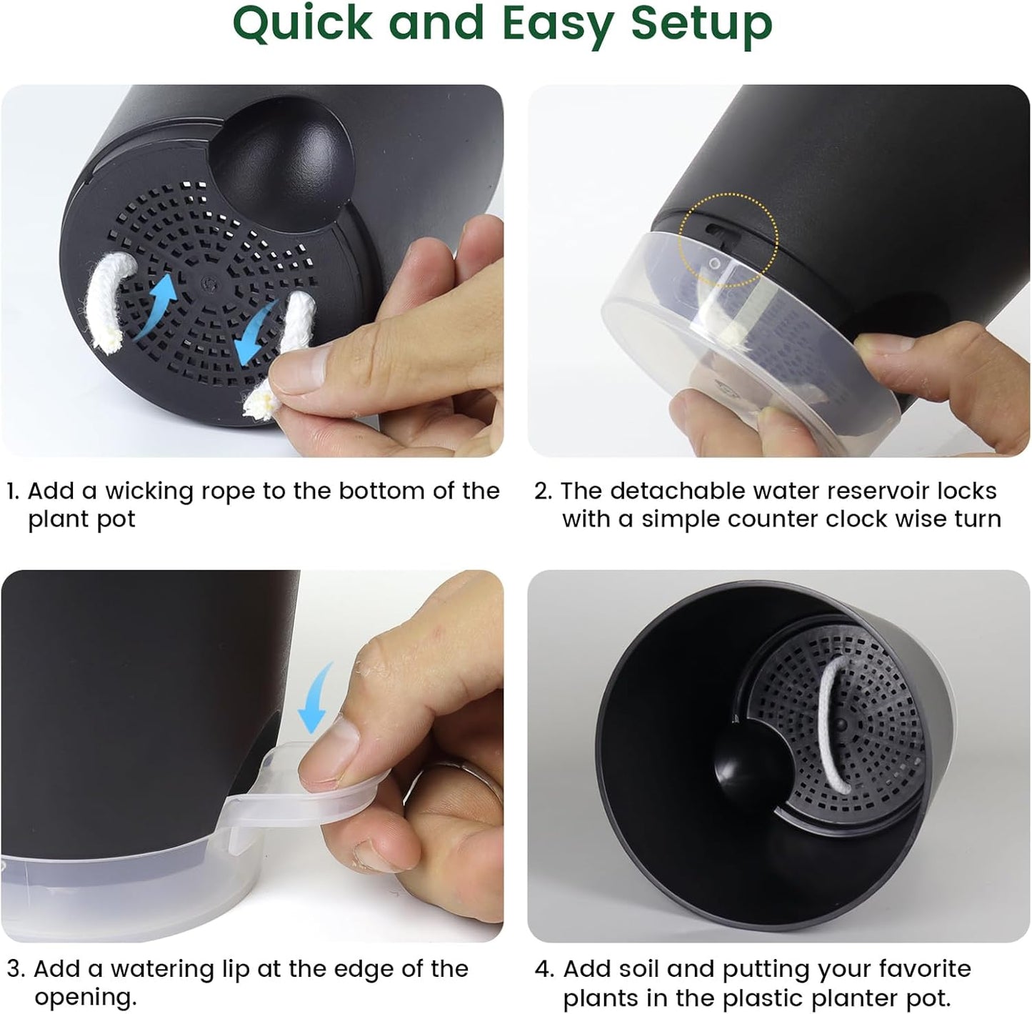 4 inch Self Watering Pots for Indoor Plants, 5 Pack Small Flower Plant Pots with Drainage Holes and Clear Reservoirs, Visible Water Level, Plastic Planters with Wicking Rope, Black