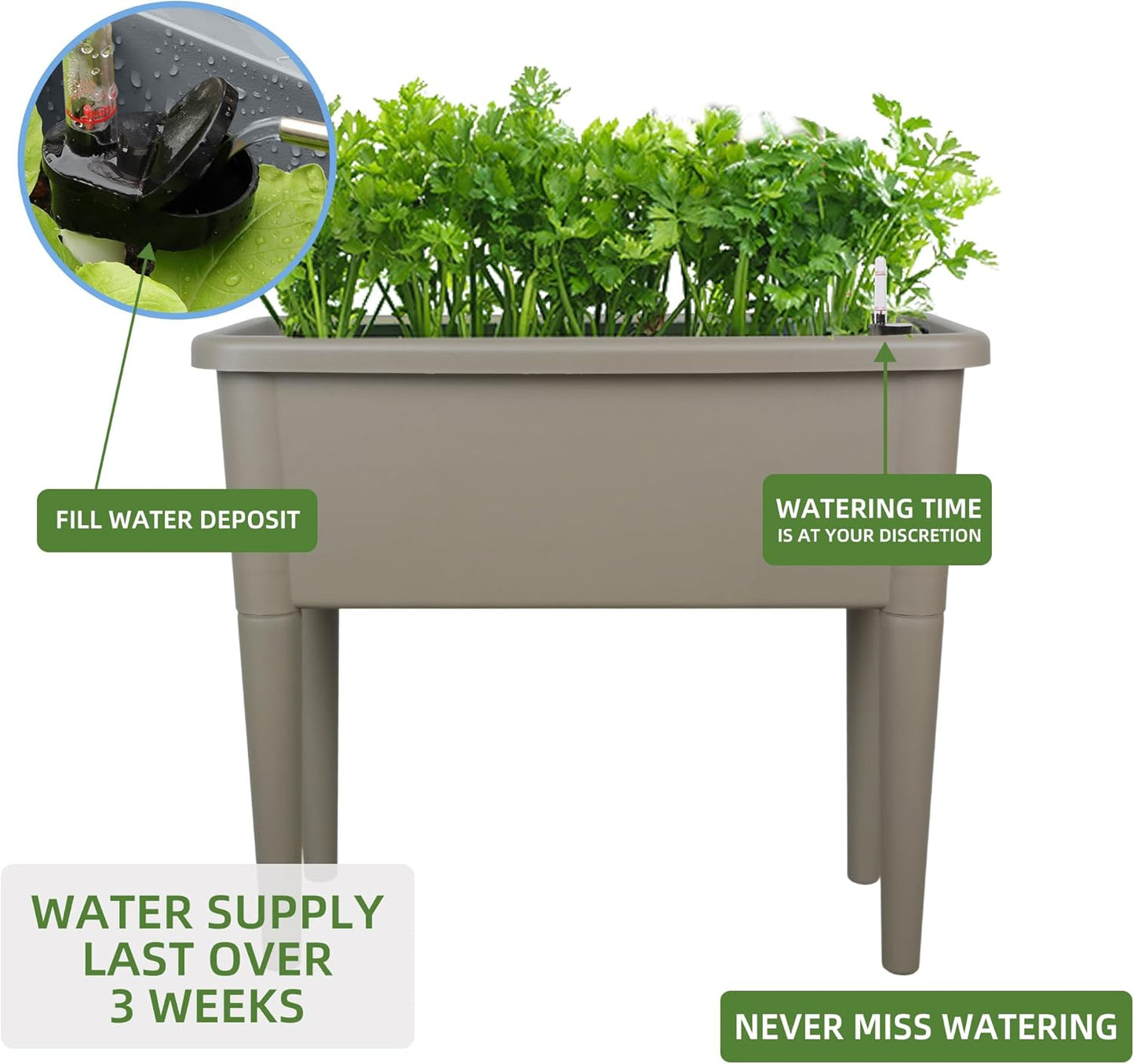 Dexceder 13.2 Gallon Self Watering Raised Garden Bed with Ventilation Transparent Lid Greenhouse, Deepen Vegetable Flower Box Planter Pot with Removeble Legs&Water Level Indicator (Light Brown)