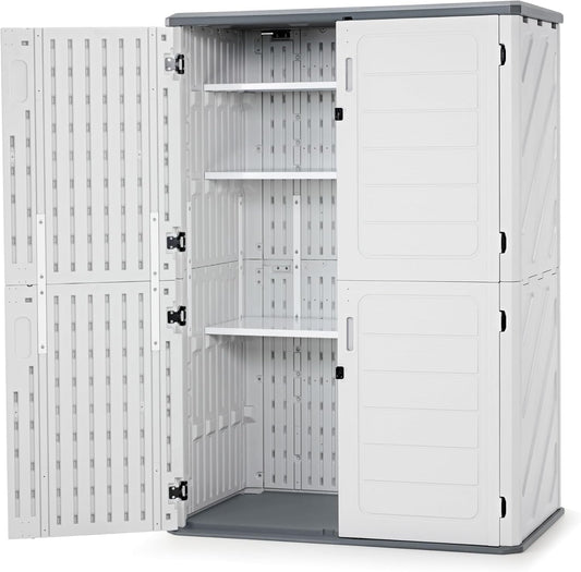 Macrout 50 Cu.Ft Plastic Outdoor Storage Cabinet with Shelves, 4.3 x 2.5 ft Waterproof Resin Outdoor Storage Shed with Floor, Lockable Vertical Shed for Garden and Patio