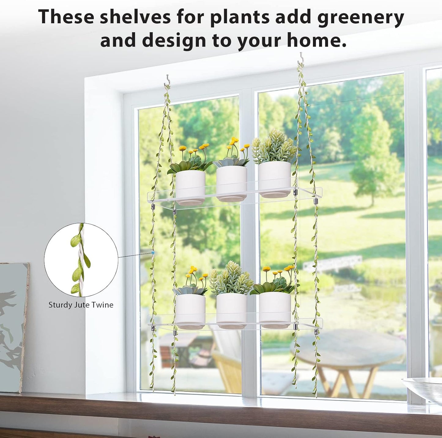Sumerflos Acrylic Window Boxes Window Plant Shelves 2 Tier - Clear Hanging Shelf Indoor Jute Twine Adjustable Plant Holder for Window Wall Living Room Balcony Natural