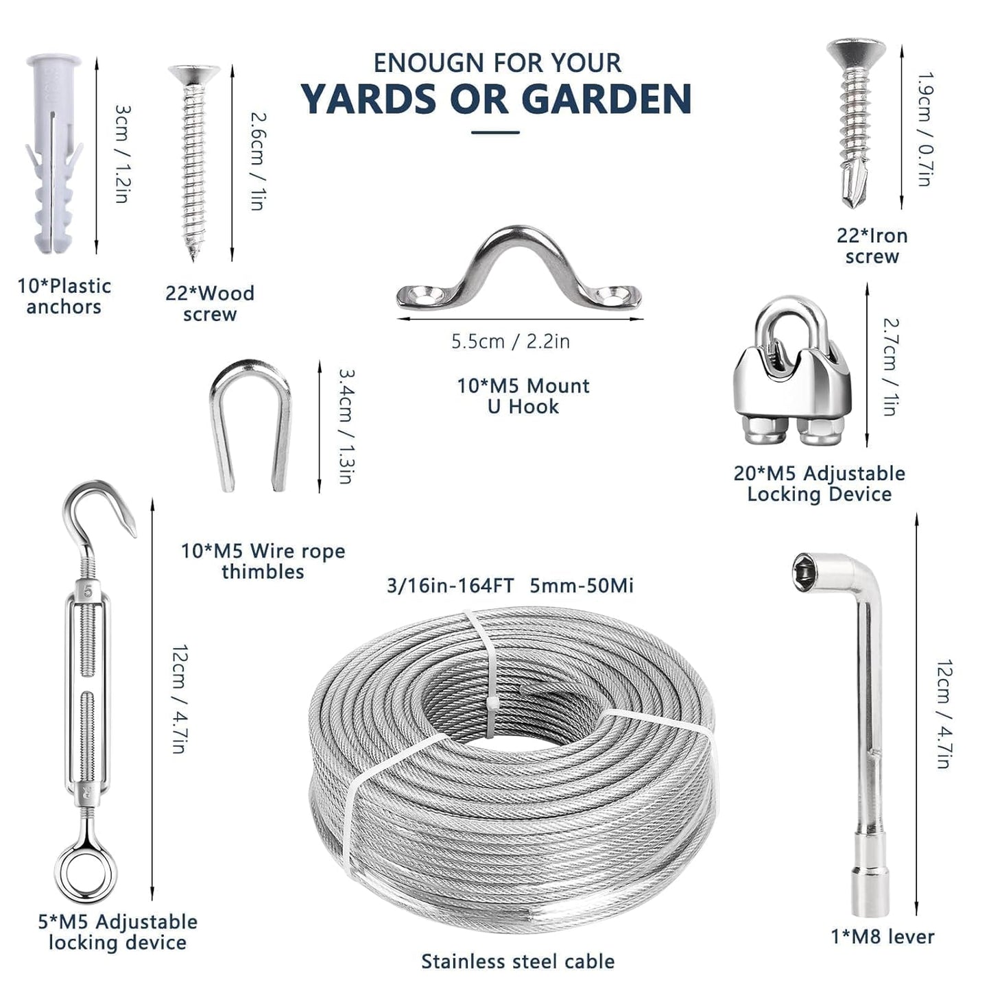 3/16 Wire Rope Kit, 165ft Vinyl Coated Galvanized Steel Cable with M5 Turnbuckles for Cables Wire, Rope Clamp & Thimble, 7X7 Strand Aircraft Cable for Anchored Shed, Fencing, Sunshade