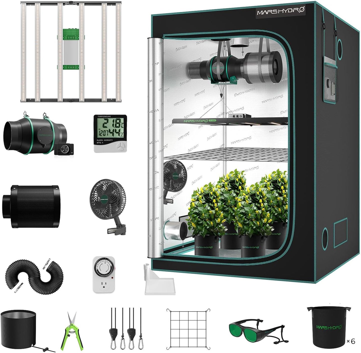 MARS HYDRO 4x4 Smart Grow Tent Kit Complete System,480W FC-E4800 APP WIFI Control Light 2646pcs LED,1680D High Reflective Mylar,with 6inch 32dB,402CFM Adjustable Ventilation Kit,10 Speed Grow Tent Fan