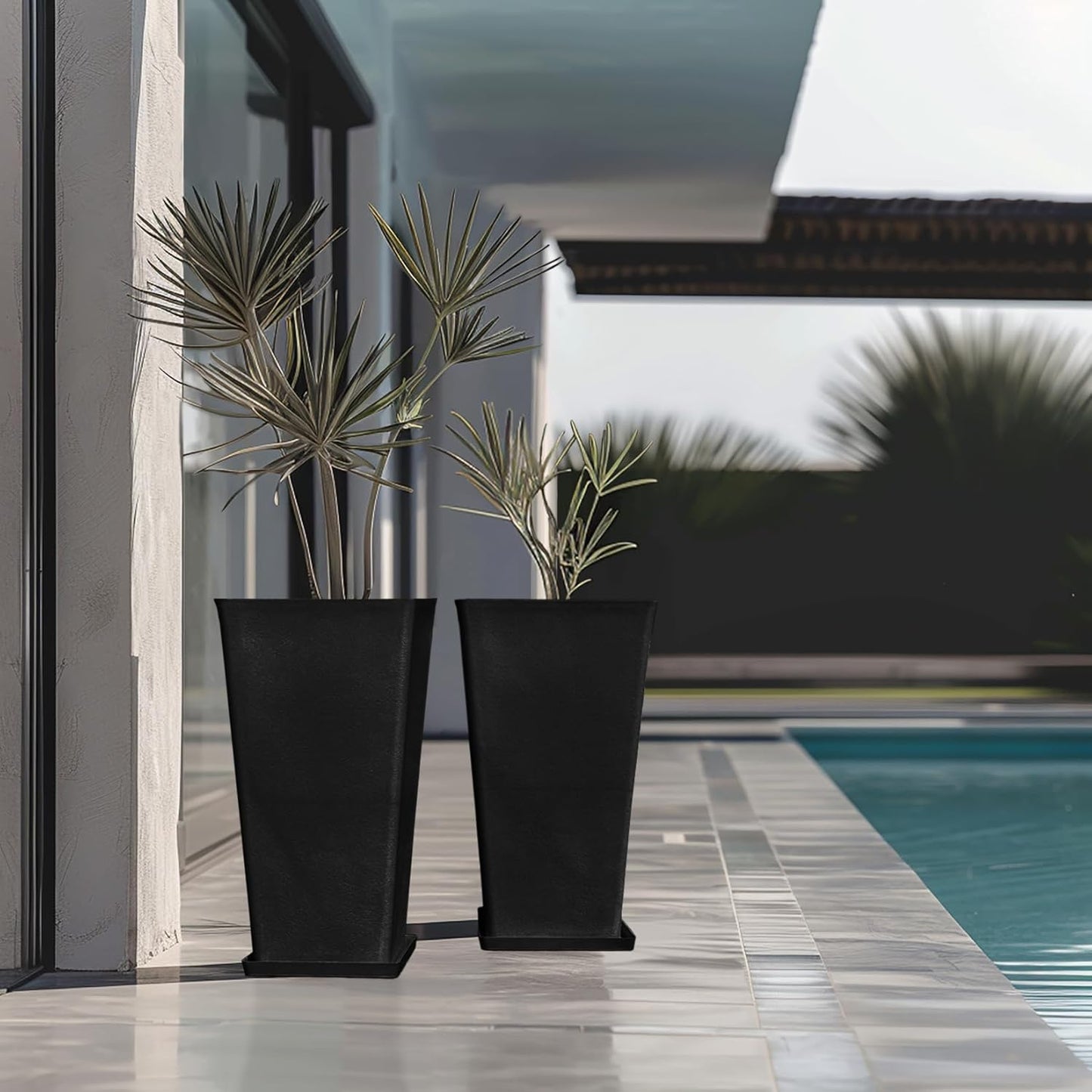 LA JOLIE MUSE 26 inch Tall Black Planters for Outdoor Plants,Set of 2 Tapered Planters with Trays,V-Shape Rectangular Garden Planters for Front Door, Patio and Deck