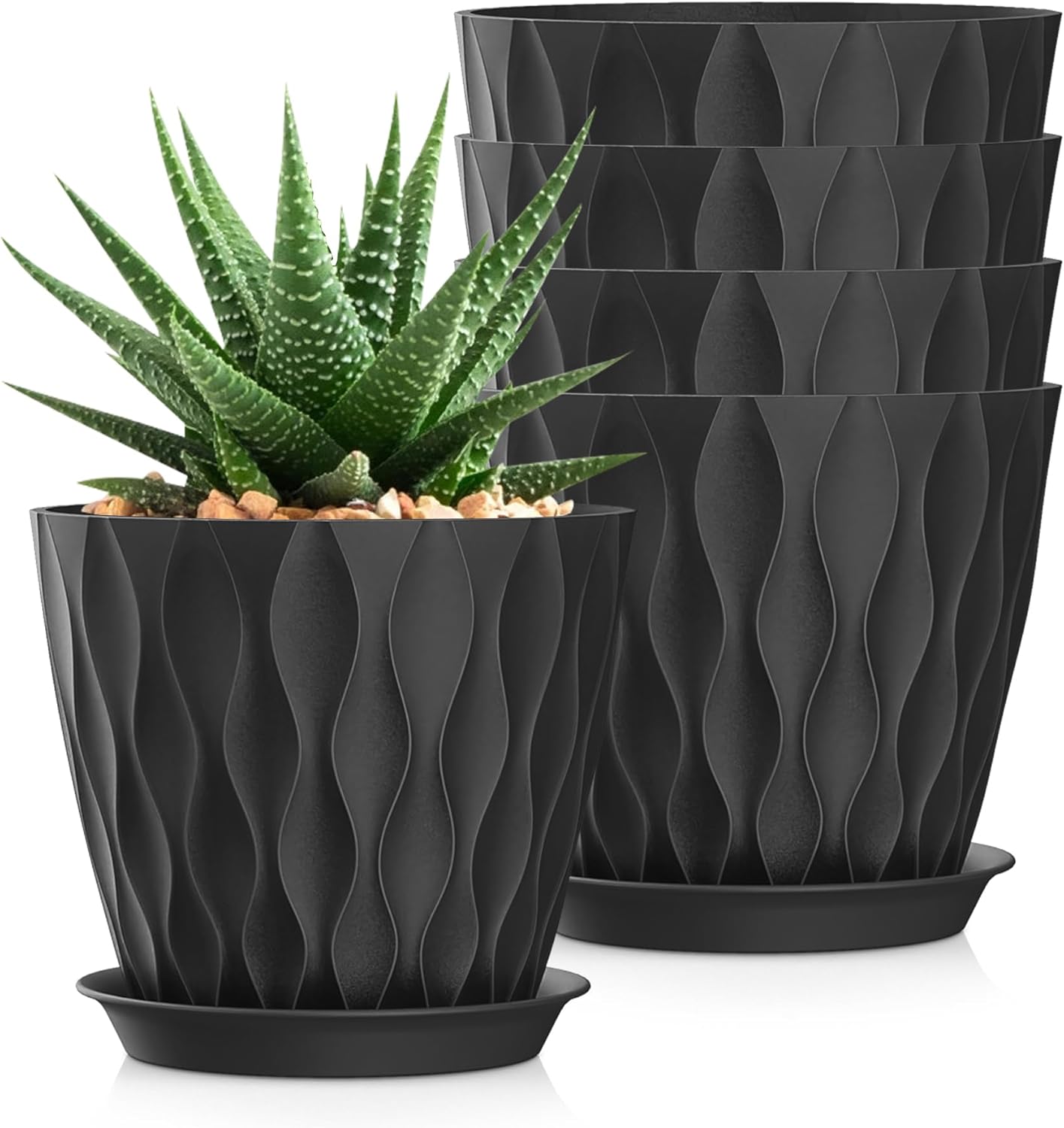 7 Inch Plant Pots 5 Pack, Flower Planters with Drainage Holes and Trays,Plastic Pots for Indoor Outdoor Plants,Black