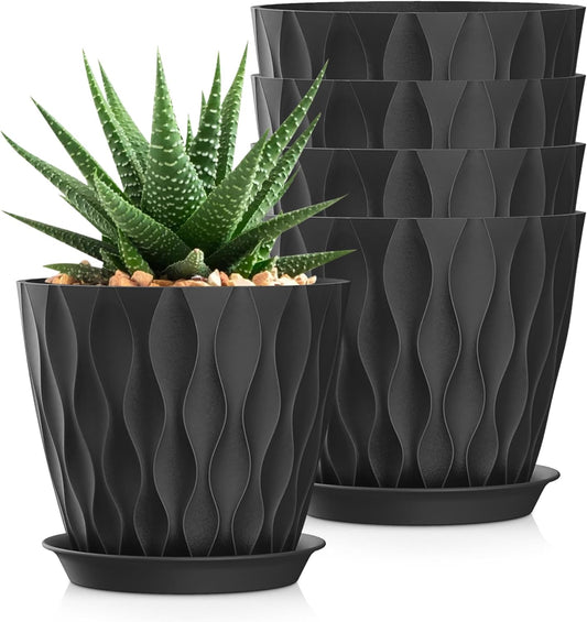 7 Inch Plant Pots 5 Pack, Flower Planters with Drainage Holes and Trays,Plastic Pots for Indoor Outdoor Plants,Black