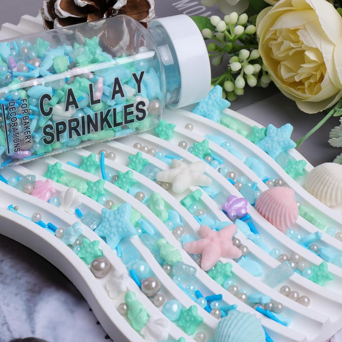 Ocean Sprinkles for Cake Decorating, Shell, Seahorse, Starfish, Fish & Pearl Sugar Mix for Cupcakes Cookies and Ice Cream Toppings