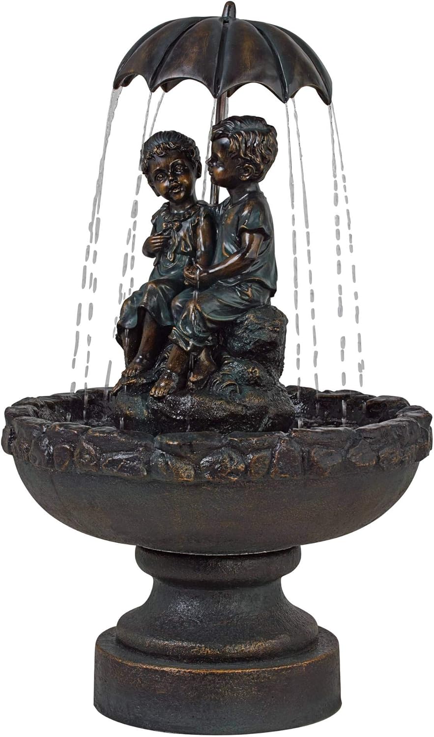 Boy and Girl Under Umbrella 40" High Large Rustic Indoor Outdoor Decor Bronze Floor Fountain Standing Waterfall Basin Water Feature for Outside Garden Patio Yard Backyard Porch Deck - John Timberland
