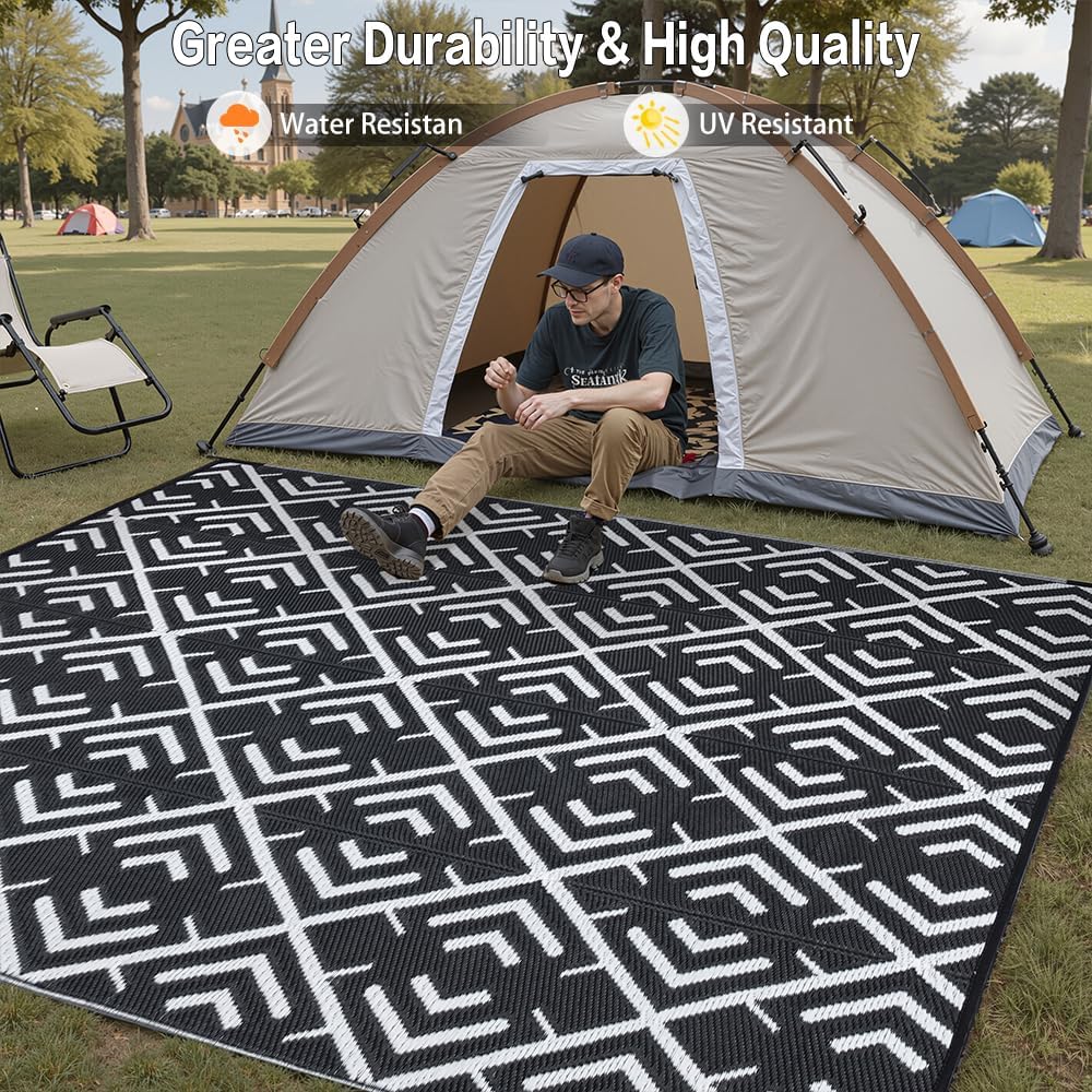 RV Outdoor Rug Waterproof Mat Outdoor Rugs 9'x12' for Patios Clearance Carpet Outdoor Camping Rugs Large Plastic Straw Rug(8x10ft Geometric Black&White)