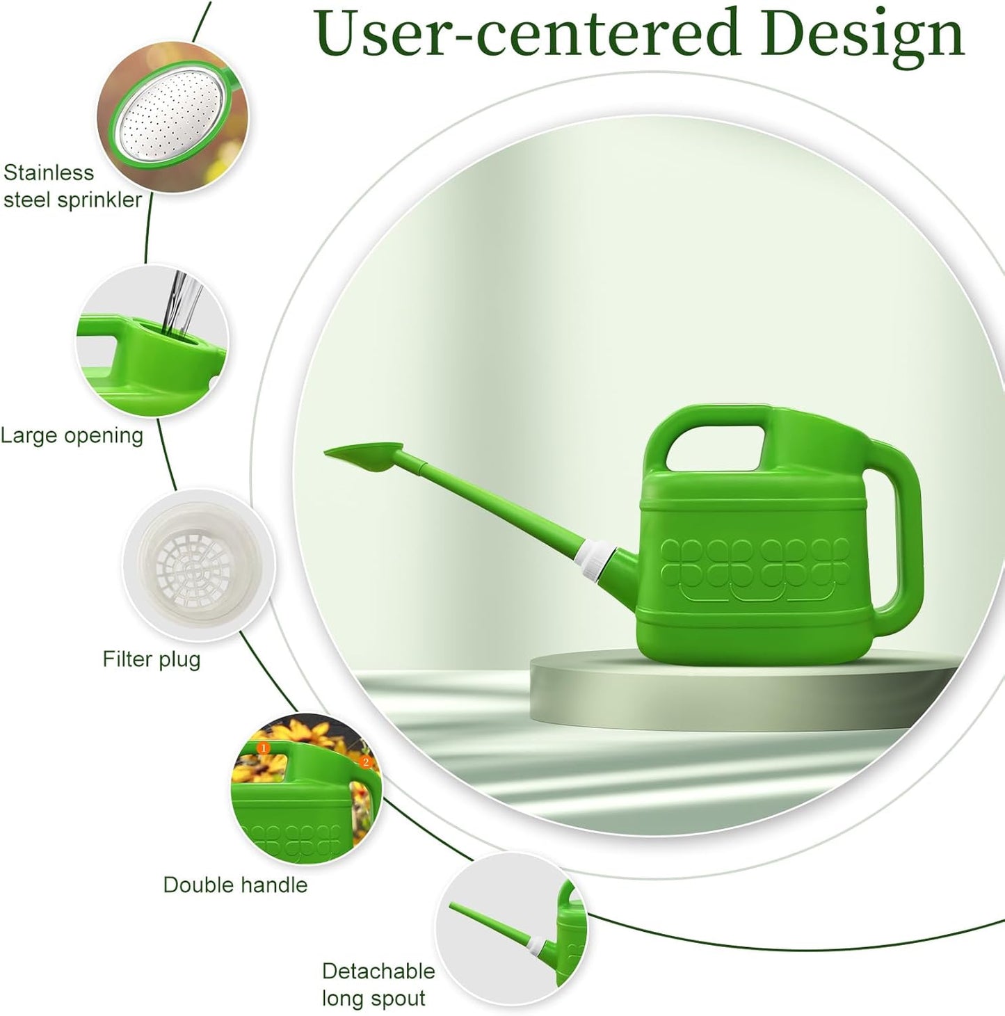 Qilebi 2 Gallon Watering Can for Outdoor Plants, Plant Watering Cans with Removable Long Spout and Stainless Steel Sprinkler Head, Large Plastic Watering Can for Garden Flowers Plants Light Green