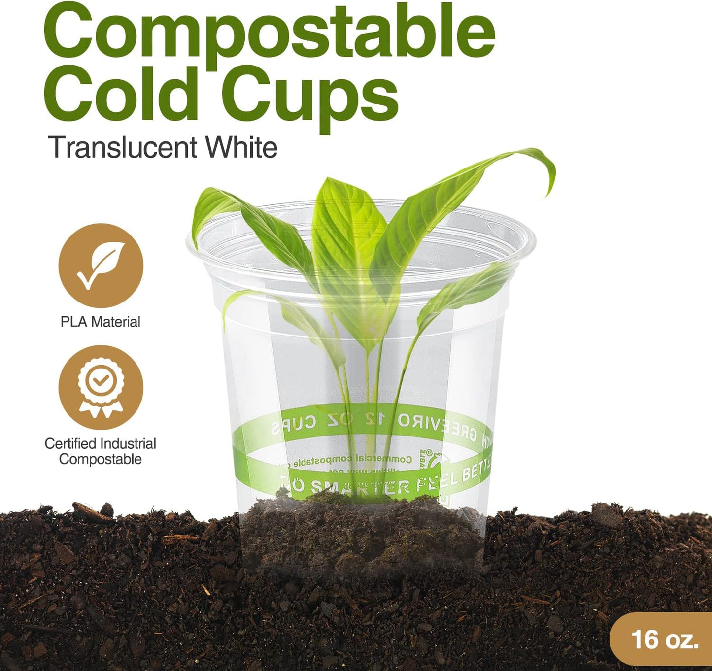 Eco Compostable Plant-Based Clear Plastic Cups 16oz Thick, Reusable, Disposable Iced Coffee Cups for Smoothies, Beer & Any Beverages for Parties, Weddings & Gatherings (16oz)
