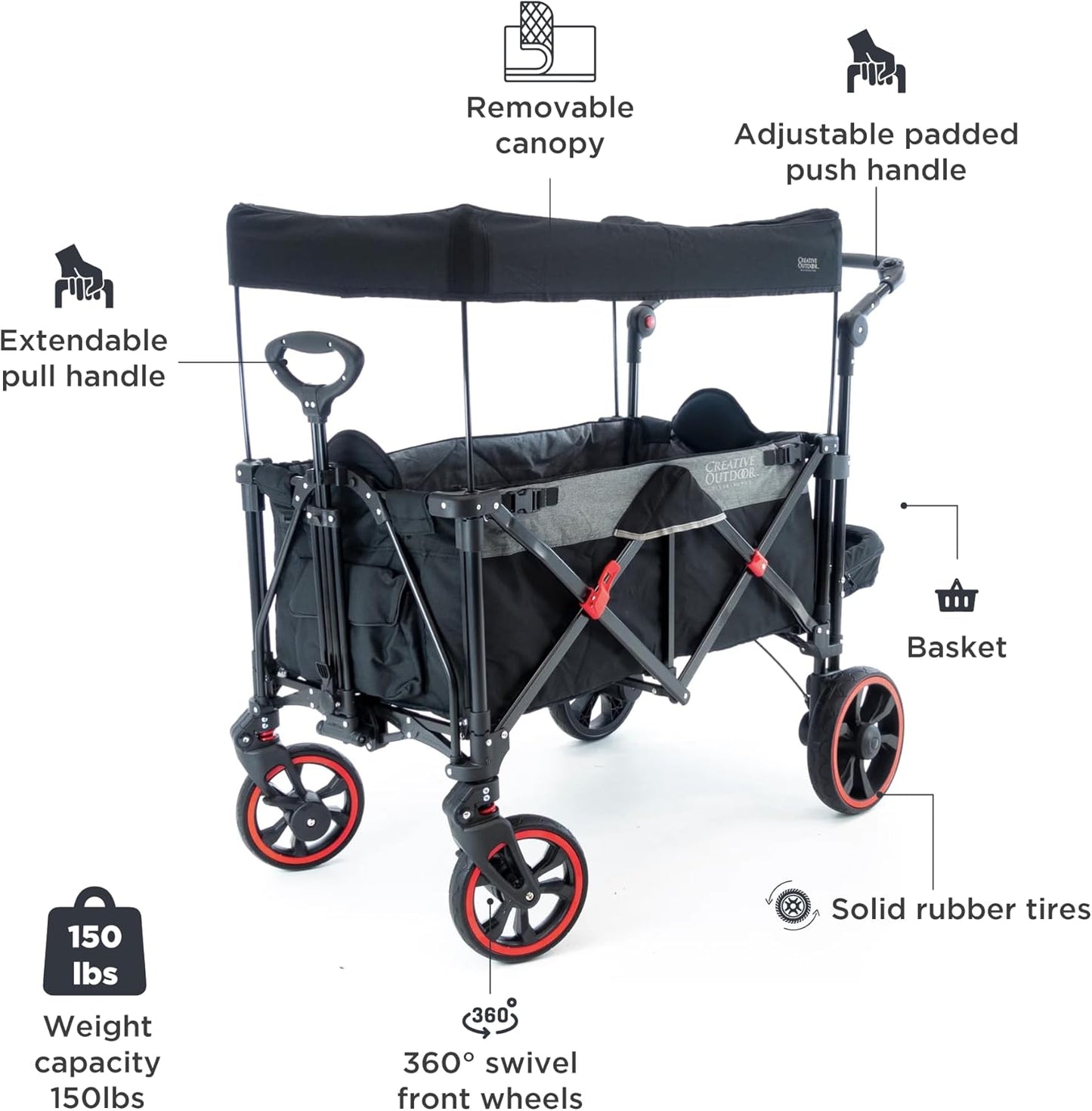 Creative Outdoor Push Pull All-Terrain Collapsible Folding Stroller Wagon for Kids, 150lbs Weight Capacity, Platinum Series, Beach, Park, Garden & Tailgate, (Black)