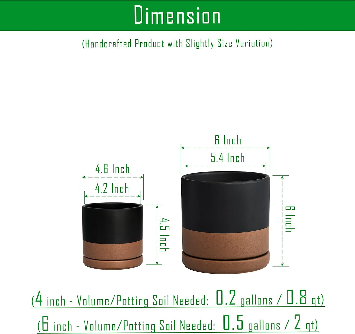D'vine Dev 4.6 Inch & 6 Inch Ceramic Planter Pots for Plants with Drainage Hole and Saucer, Small Plant Pots Set, Black/Speckled Tan, 94-G-S-7