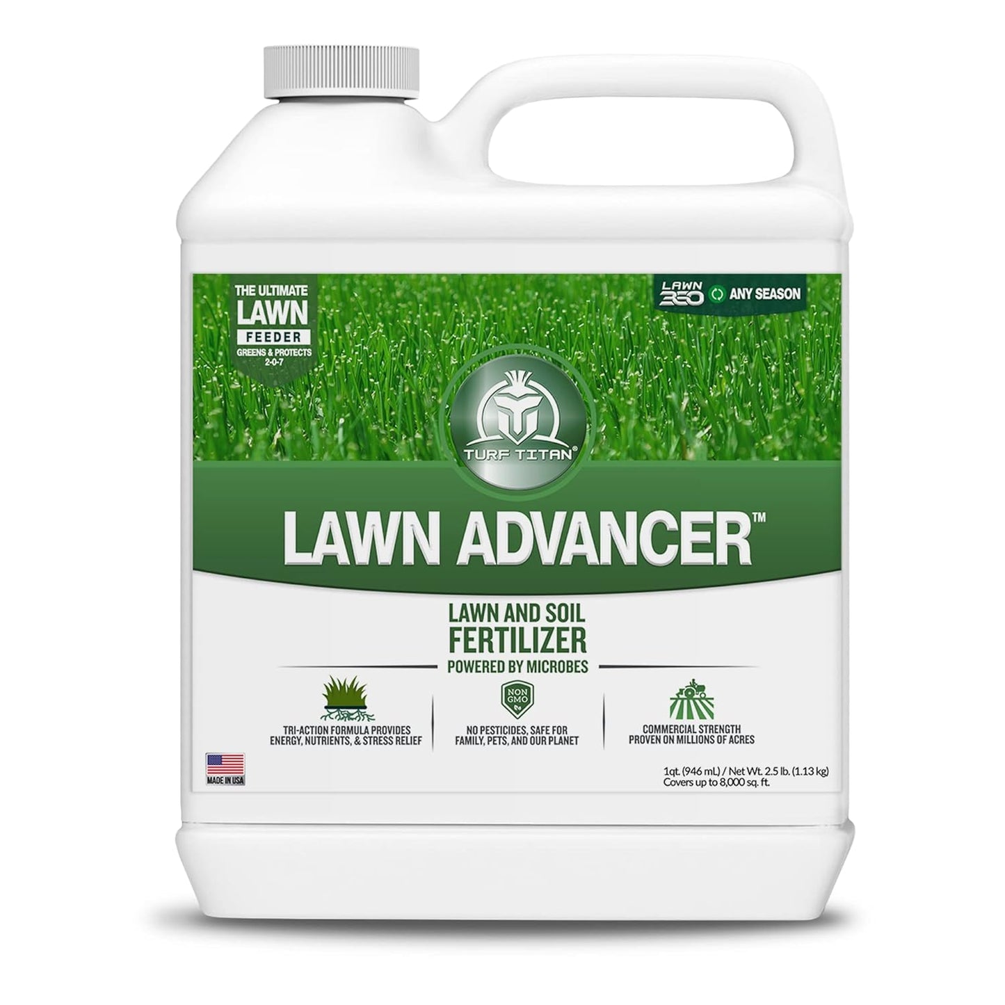 Turf Titan Lawn Advancer – Green Lawn Booster and Lawn Fertilizer (32 oz) – Fast Acting Grass Fertilizer w/Tri-Action Formula – Fertilizer Concentrate for Grass Growth - Covers up to 8,000 Sq F
