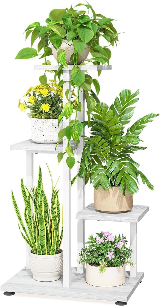 LASZOLA White 4 Tiered Wood Plant Stand Indoor for Large Heavy Duty Planter, Sturdy Multi Level Corner Vertical Flower Rack for Narrow House, Rustic Tall Orchid Shelving Holder for Decor, Space Saving