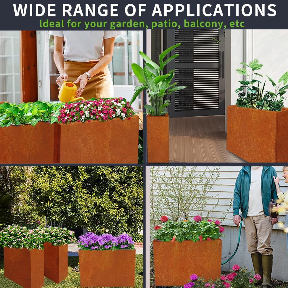 Metal Tall Long Planter Box Large Rectangular Planter Flower Pot with Drainage Holes for Indoor Outdoor Deck Porch Garden Home Patio Front Door (Rusty Orange, M)