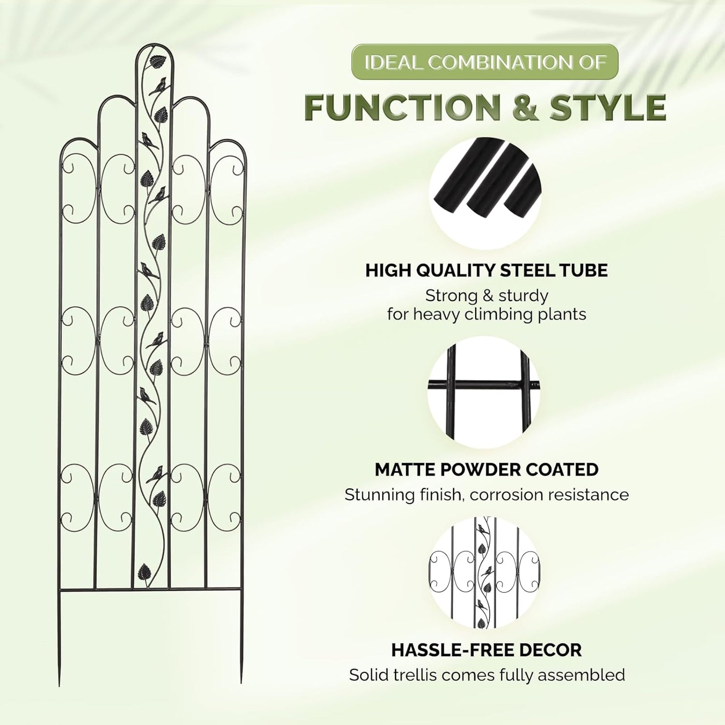 Idzo 71 in. Decorative Metal Trellis for Climbing Plants Outdoor, Heavy-Duty Steel Garden Trellis with Durable Powder Coating, Black Bird Pattern