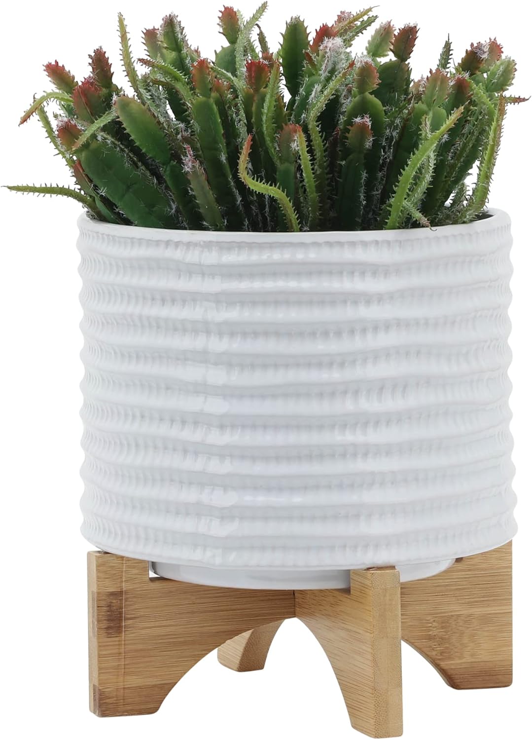 Ceramic Planter with Bamboo Stand – Modern Home Decor Indoor Plant Pot with Textured Stoneware Design – Decorative Planter with Legs for Living Room, Bedroom, Office, Patio, or Garden - 8", White