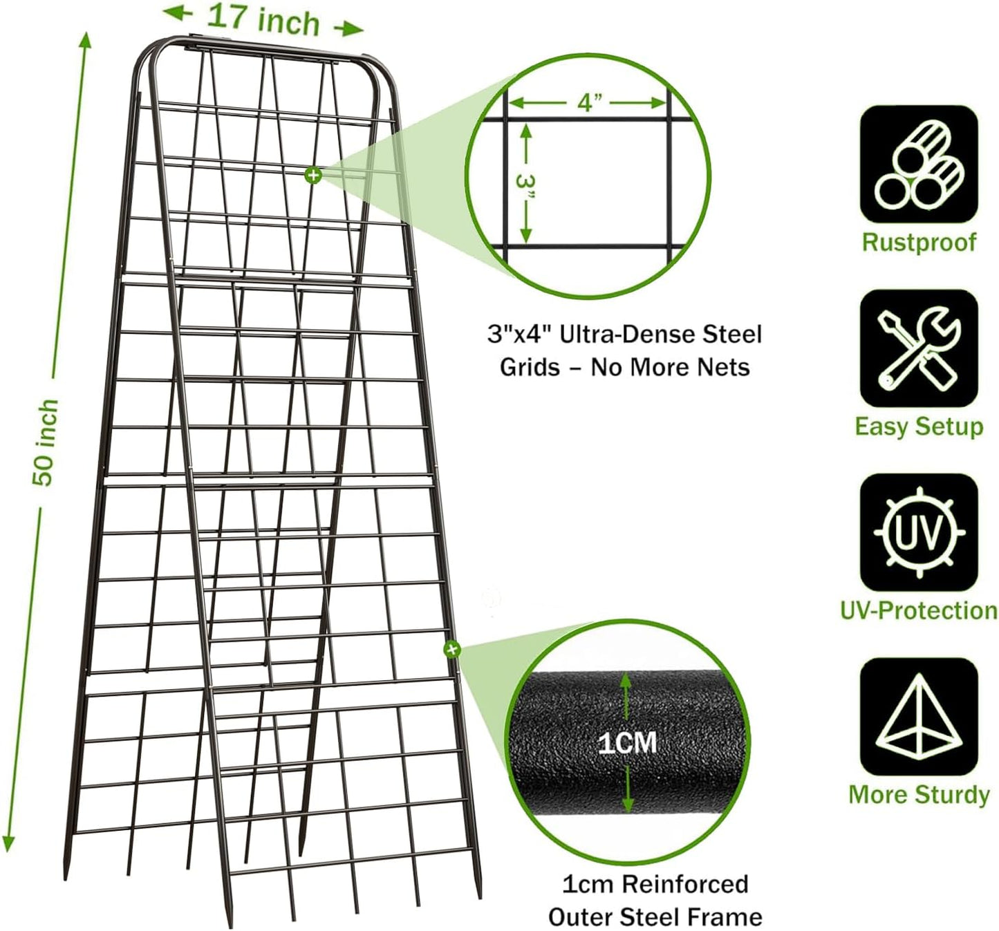 Heavy Duty 50"x17" Adjustable A-Frame Trellis for Climbing Plants – Rust-Proof Metal Garden Trellis with Dense Grid Design, Perfect for Raised Beds, Tomatoes, Cucumbers & Outdoor Vines (Black, 1 Pcs)