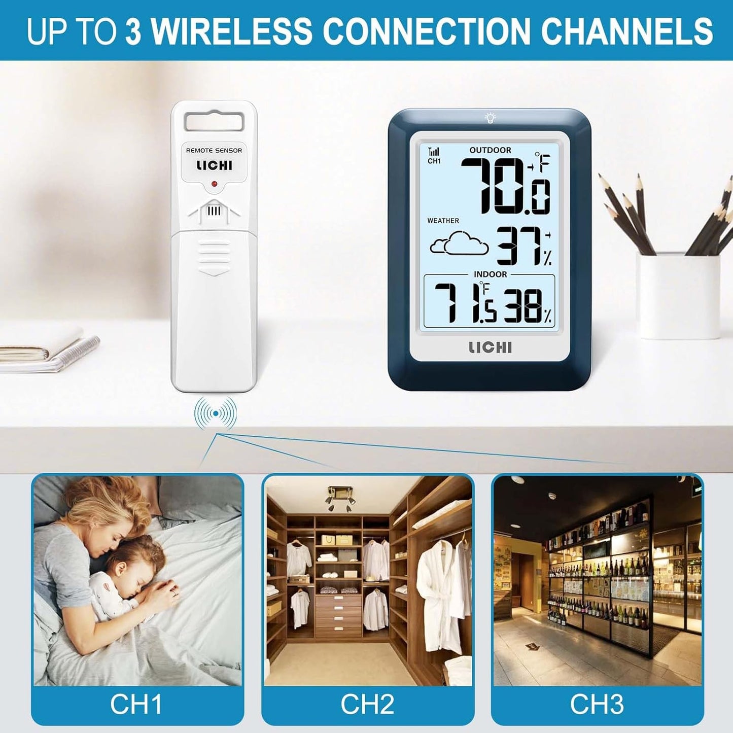 Indoor Outdoor Thermometer Wireless Weather Station, Internal External Thermometer Hygrometer, Home Batteryoperated Temperature Humiditymonitors330 Feet (About 100 Meters) Backlight Display (Blue)