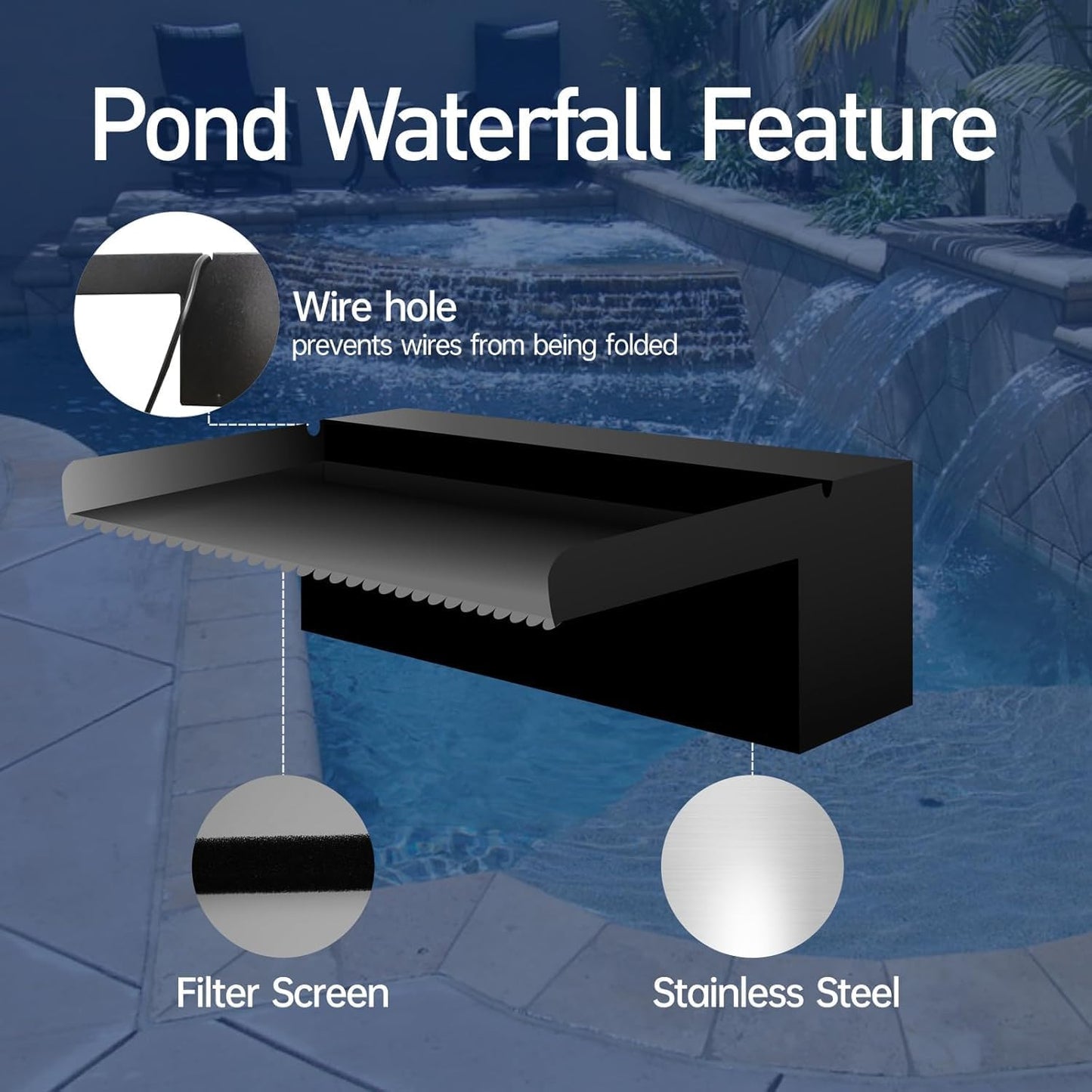 Pool Fountain Stainless Steel Pond Waterfall Spillway Kits for Indoor/Outdoor Decorative, 36 Inches Black Pool Water Feature for Garden Patio, Backyard Koi Pond Decor(No LED Light)