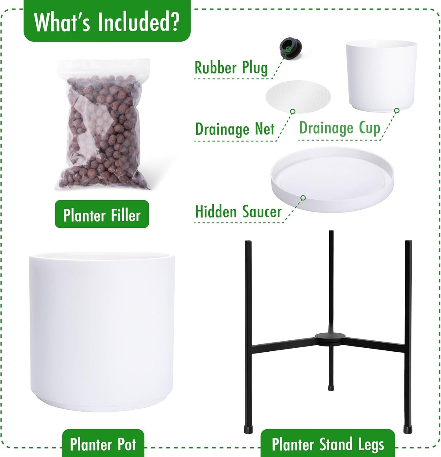 D'vine Dev Modern White Plants Pot Cylinder Planter with Heavy Duty Stand, Medium 10 Inch Pot, 16.3 Inch with Stand Height, 96-T-A-2