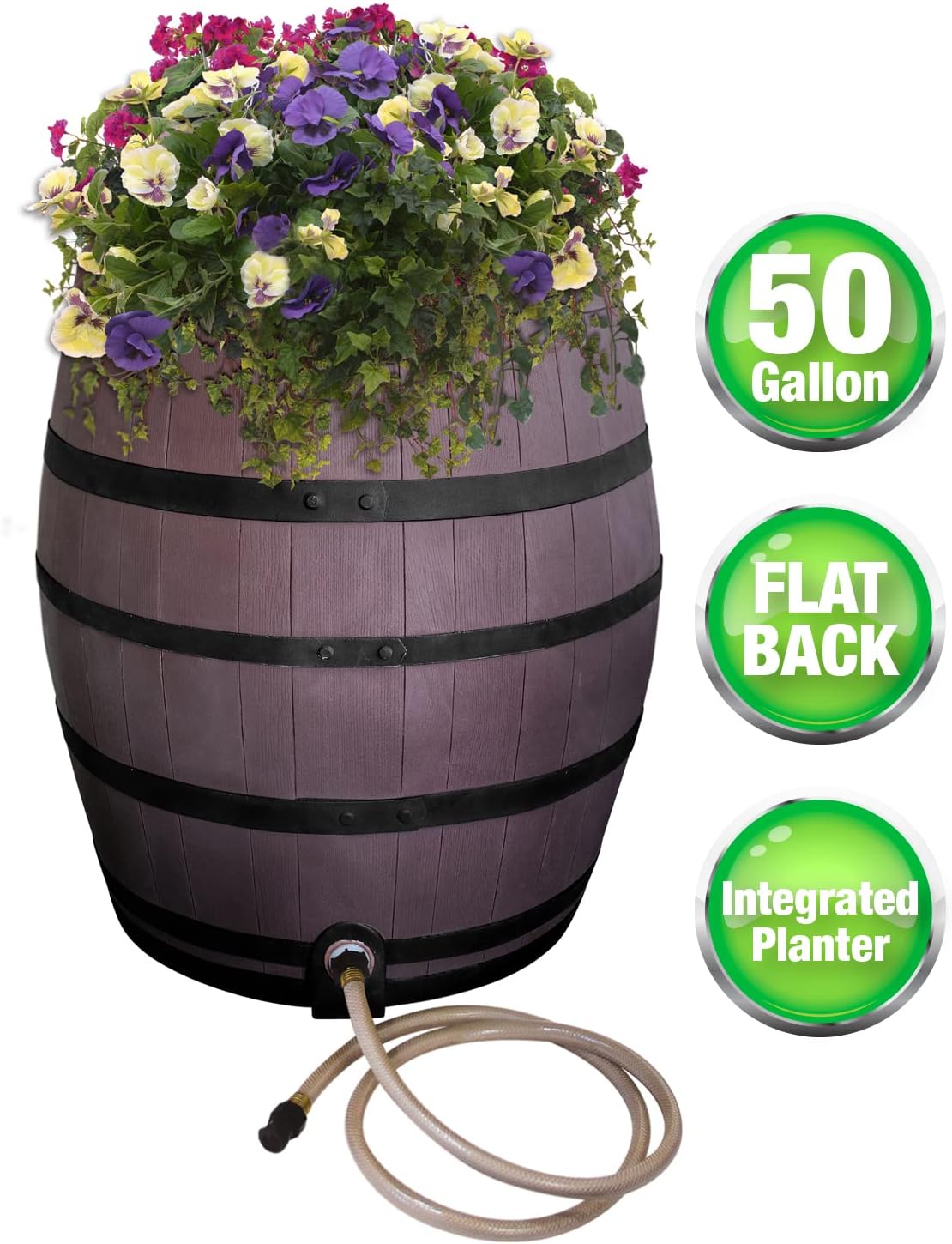 Rescue 50-Gallon Whiskey Rain Barrel with Black Bands – Includes Planter, Rain Water Diverter, Outlet Hose – Flatback Design – Brown