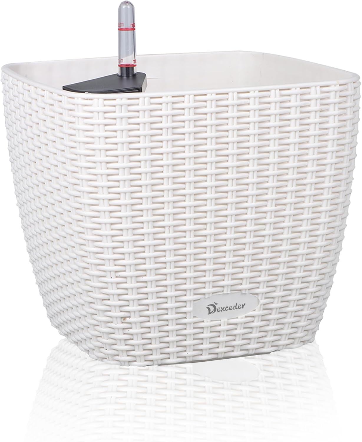Dexceder 11x10 Self Watering Planter Indoor Outdoor, Inner Mat Design, Thickened Table Flower Plant Pot with Water Level Indicator (Ivory White Rattan)