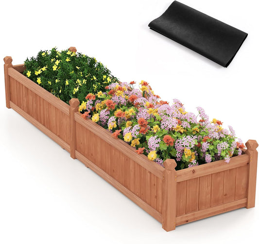 Giantex Wood Raised Garden Bed, Planting Bed with Corner Drainage, Non-Woven Liner for Growing Vegetables, Flowers, Herbs, Fruits, 89”x23.5”x16” Divisible Planter Box for Backyard, Garden, Lawn