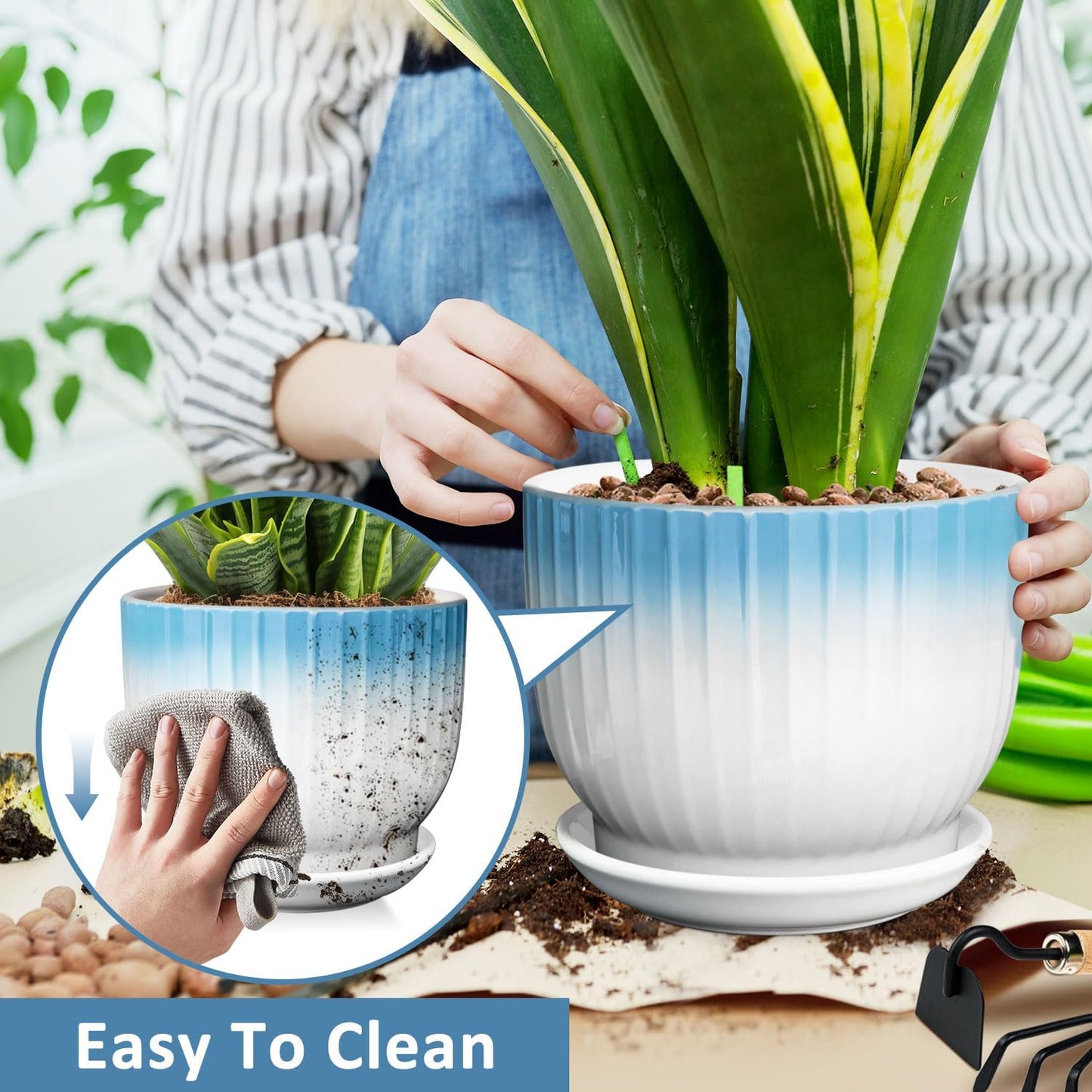 8 Inch Plant Pot, Ceramic Planter with Drainage and Saucer, Ceramic Pots for Plants, Indoor Plant pots,Ceramic Flower pots(Blue + White, Plants NOT Included)