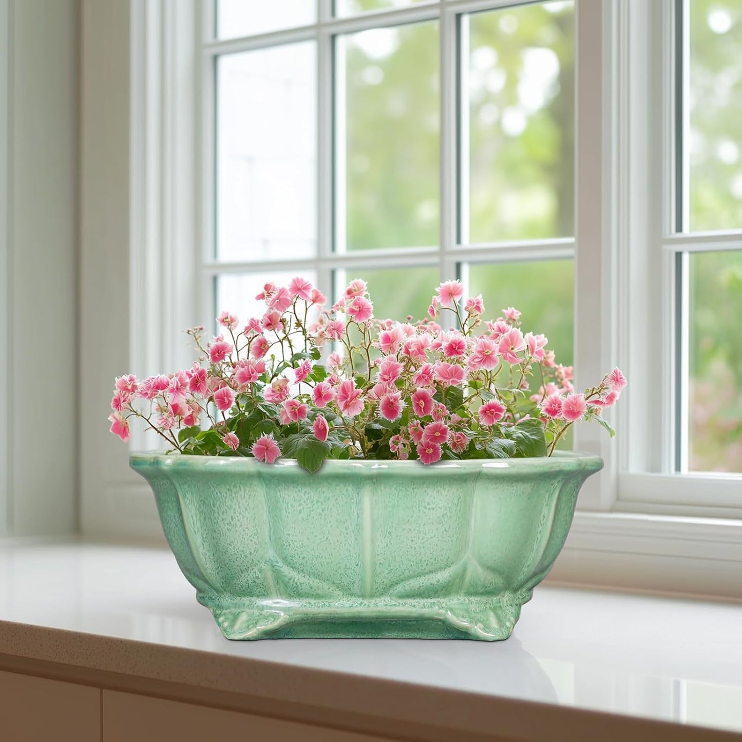 Bonsai Pots 11 Inch - Ceramic Succulent Pots with Drainage Hole, Oval Planter for Indoor Outdoor, Decorative Ceramic Flower Pot, Home Garden Room Decor, Plant Lover Gifts, Green