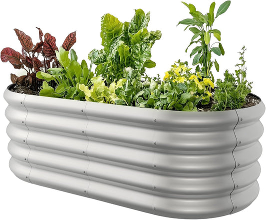 4x2ft Oval Galvanized Raised Garden Bed Kits 16" Tall Outdoor Large Metal Modular Planter Box 9-in-1 Raised Beds for Gardening,Vegetables,Fruits,Flowers & Herbs (Silver)