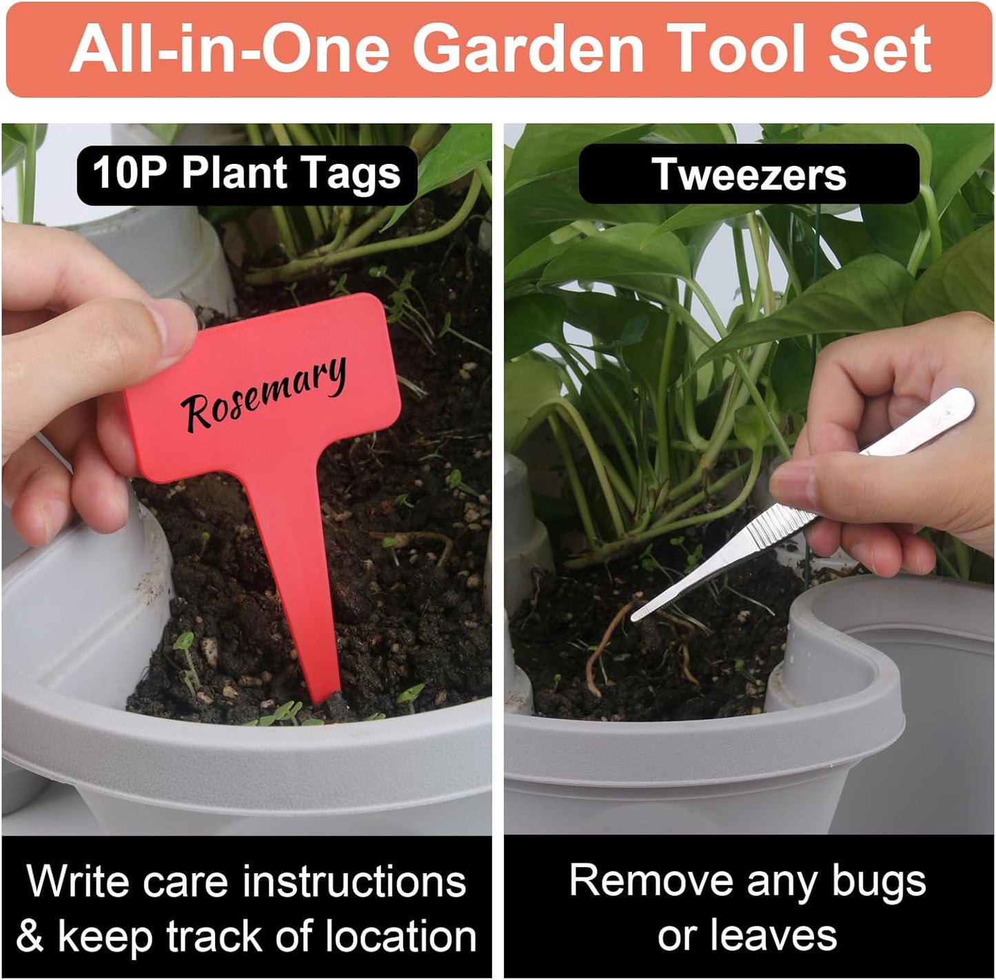 DUNCHATY Stackable Planter, Vertical Strawberry Planter with Garen Tool Set, Self Watering Garden Planter Indoor/Outdoor 5 Tier Herb Planter Pots for Growing Vegetables and Succulents, Gray